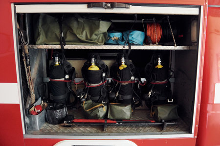 Oxygen balloons. Close up view of firefighters equipment that is inside of the truckの写真素材