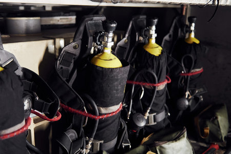 Oxygen balloons. Close up view of firefighters equipment that is inside of the truck