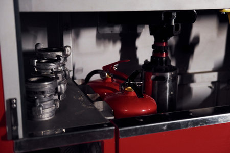 Inside of fire truck. Close up view of equipment and hosesの写真素材