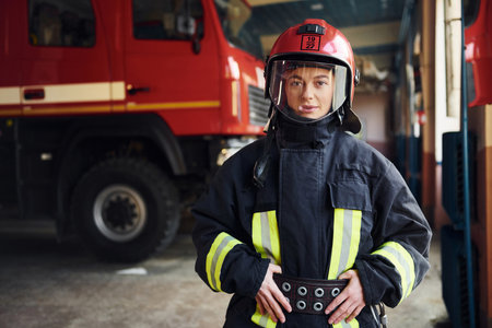 Female firefighter in protective uniform standing near truckの写真素材