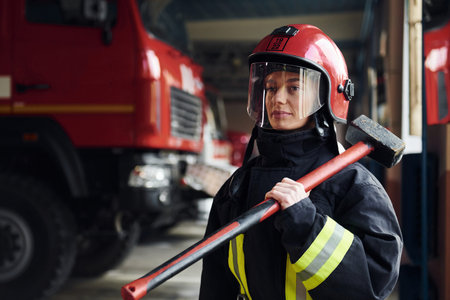 With hammer in hands. Female firefighter in protective uniform standing near truckの写真素材