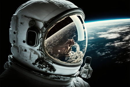 Abstract portrait of cosmonaut in space. Planet earth in reflection in helmet. Generative AIの写真素材