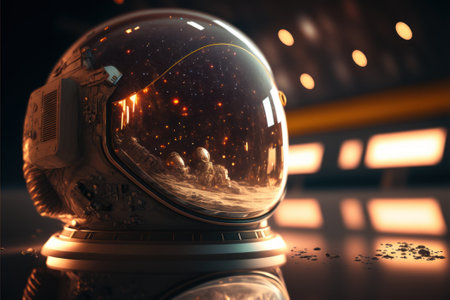Abstract portrait of cosmonaut that is in the space suit. Broken station in the reflection of the glass. Generative AIの写真素材