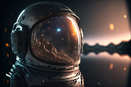 Abstract portrait of cosmonaut that is in the space suit. Planet with mountains in the reflection of helmet. Generative AIの写真素材