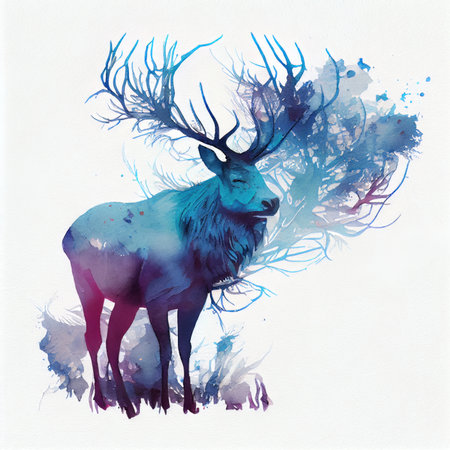Watercolor illustration with a beautiful deer with a big horns. Generative AIの写真素材
