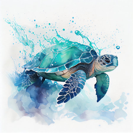 Turtle is swimming in the water. Watercolor illustration with a beautiful animal. Generative AIの写真素材