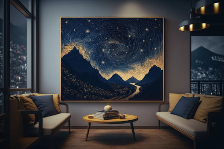 Painting of mountains landscape on the wall indoors at cozy room. Post-impressionism style picture. Generative AIの写真素材