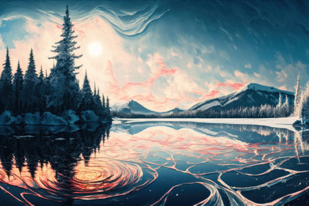 Mountains, winter season. Cracked ice. Abstract picture in the style of post-impressionism. Generative AIの写真素材