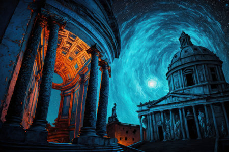 Two buildings in the city. Starry sky, milky way. Abstract picture in the style of post-impressionism. Generative AIの写真素材