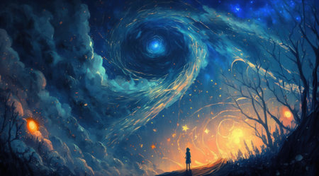 Little girl is standing and looking at the night starry sky. Abstract picture in the style of post-impressionism. Generative AIの写真素材