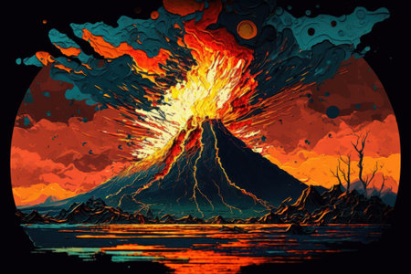 Eruption, mountain at night. Abstract picture in the style of post-impressionism. Generative AIの写真素材