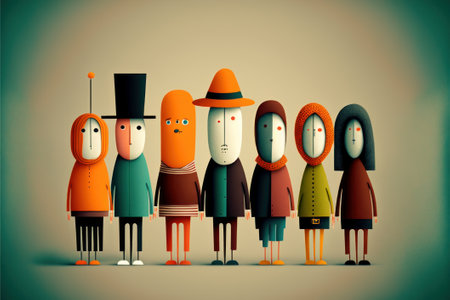 Front view. Group of abstract funny disproportionate people. Beautiful colorful illustration. style. Generative AIの写真素材