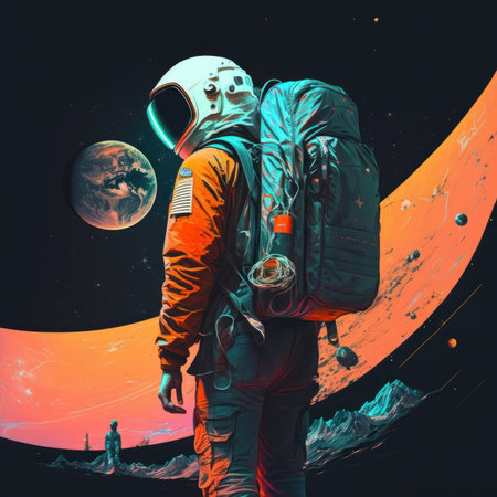 Man in space suit. Tourist with a backpack is traveling. Beautiful colorful illustration. style. Generative AIの写真素材