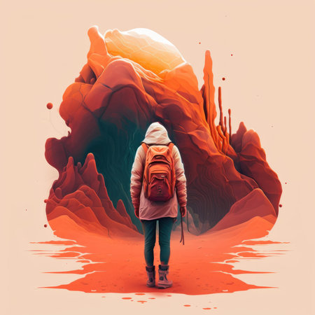 Woman is walking. Tourist with a backpack is traveling. Beautiful colorful illustration. style. Generative AIの写真素材