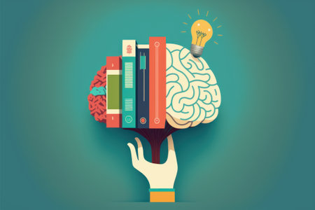 Hand holding brain with books. Beautiful colorful illustration. style. Generative AIの写真素材