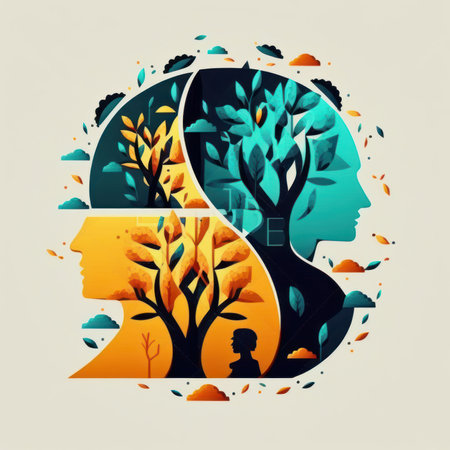 Two human heads. Bunch of trees. Beautiful colorful illustration. style. Generative AIの写真素材
