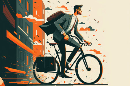 Businessman on the bicycle with briefcase. Beautiful colorful illustration. style. Generative AIの写真素材