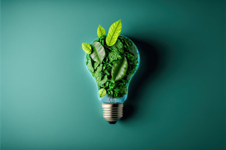 Green eco style light bulb with leaves. Beautiful colorful picture. Generative AIの写真素材