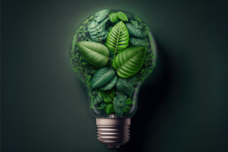 Green eco style light bulb with leaves. Beautiful colorful picture. Generative AIの写真素材
