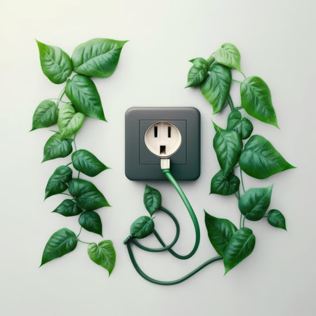 Green outlet or wall socket and power cord. Green leaves. Beautiful colorful illustration. style. Generative AIの写真素材