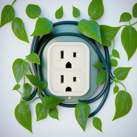 Green outlet or wall socket and power cord. Green leaves. Beautiful colorful illustration. style. Generative AIの写真素材