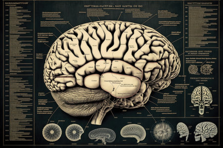 Brown colored. Human brain schematic in retro sketch style. Beautiful colorful illustration, . Generative AIの写真素材