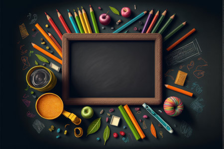Blackboard background with pencils and draw tools. Beautiful colorful illustration.  style. Generative AIの写真素材