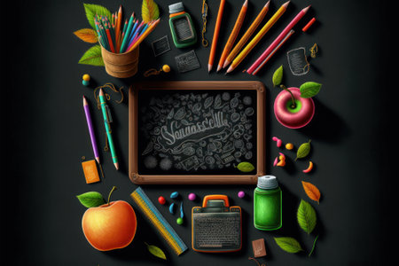 Blackboard background with pencils and draw tools. Beautiful colorful illustration.  style. Generative AIの写真素材
