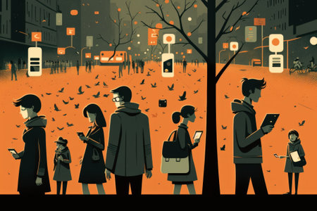 People with devices. Social network concept. Beautiful colorful illustration.  style. Generative AIの写真素材
