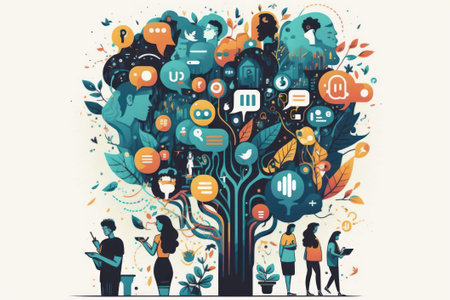 Information, data sending and receiving. Social network concept. Beautiful colorful illustration.  style. Generative AIの写真素材