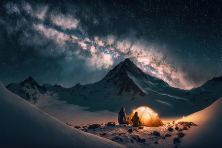 Winter season, snow. People are camping in the mountains. Landscape in the realism style. Generated AIの写真素材
