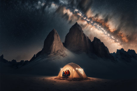 People are camping in the mountains. Landscape in the realism style. Generated AIの写真素材