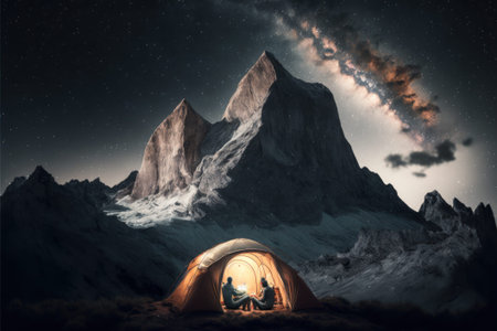 People are camping in the mountains. Landscape in the realism style. Generated AI