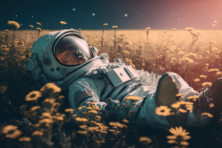 Picture of astronaut in the suit that is lying down on the meadow with flowersの写真素材