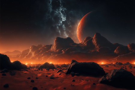 Surrealism style planet. Mountains, dry atmosphere. Generated AI