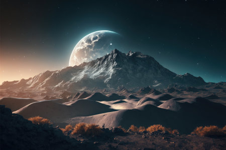 Big moon in the sky. Mountains at night. Landscape in the surrealism style. Generated AIの写真素材