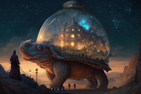 World on disk. Turtle with city on the spine. Fantasy style colorful beautiful picture. Generative AIの写真素材