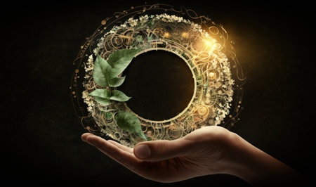 Human hand holding circular economy surreal piece. Conception of nature. Fantasy style colorful beautiful picture. Generative AIの写真素材