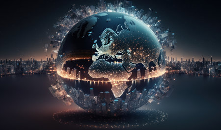 Planet Earth. Night city behind it with skyscrapers. Fantasy style colorful beautiful picture. Generative AIの写真素材
