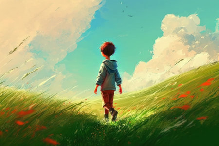 Picture of Happy boy have a walk outdoors on the field at summer, dynamic scene, ai generatedの写真素材