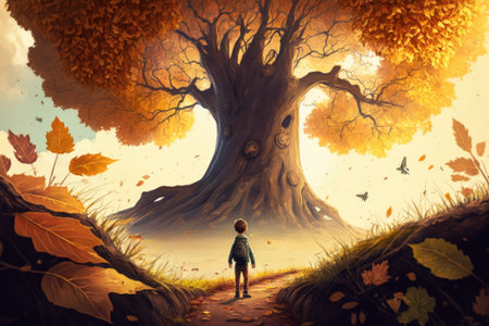 Art picture of boy have a walk outdoors on the park with tree at autumn. dynamic windy scene, ai generatedの写真素材