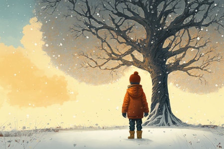 Art picture of a little boy have a walk outdoors on the field with tree at winter. dynamic scene, AI generatedの写真素材