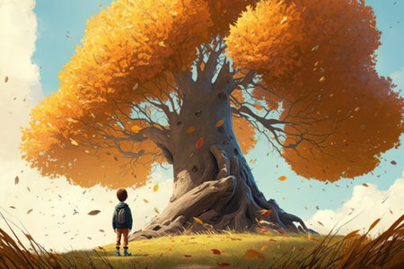 Art picture of boy have a walk outdoors on the park with tree at autumn. dynamic windy scene, ai generatedの写真素材