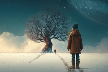 Art picture of a little boy have a walk outdoors on the field with tree at winter. dynamic scene, AI generatedの写真素材