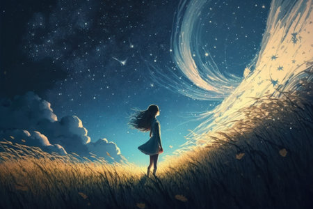 Picture of girl have a outdoors on the field at summer, deep night and starry sky, dynamic scene, ai generatedの写真素材