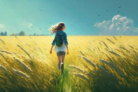 Picture of Happy girl have a walk outdoors on the field at spring, dynamic scene, view from below, ai generatedの写真素材