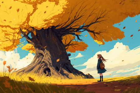 Art picture of girl have a walk outdoors on the field with tree at autumn, dynamic windy scene, ai generatedの写真素材