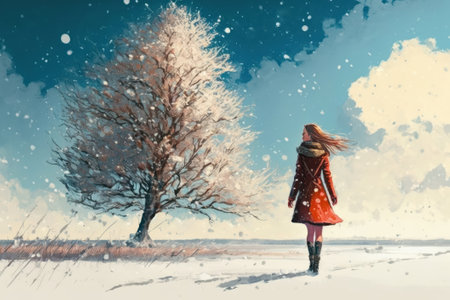 Art picture of a girl have a walk outdoors on the field with tree at winter. dynamic scene, AI generatedの写真素材