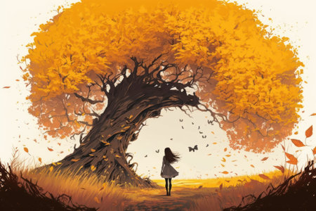 Art picture of girl have a walk outdoors on the field with tree at autumn, dynamic windy scene, ai generatedの写真素材