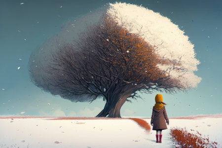 Art picture of a girl have a walk outdoors on the field with tree at winter. dynamic scene, AI generatedの写真素材
